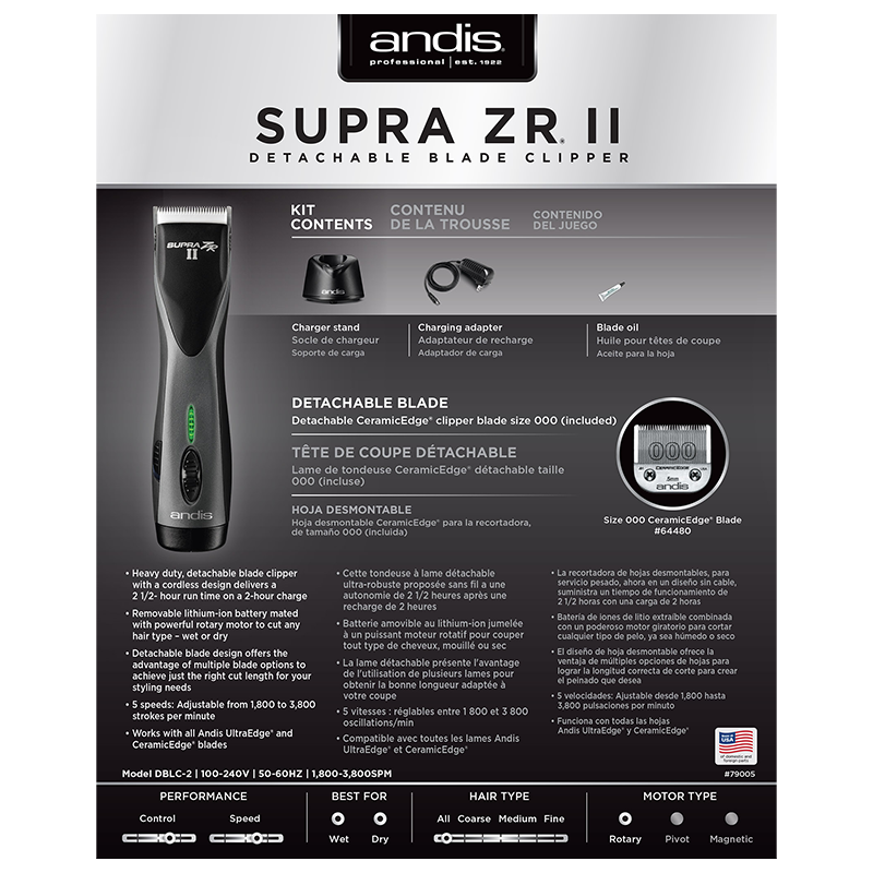 Supra ZR II Cordless 5-Speed Clipper w/Lithium Ion Battery (Blue & Black)